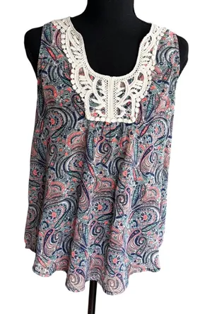 Collective Concepts Paisley Crochet Lace Trim Tank Top‎ Boho Festival Indie thumbnail 1