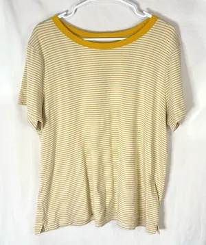Old Navy Woman’s White and Mustard Colored Striped Short Sleeve Tee - Medium thumbnail 1