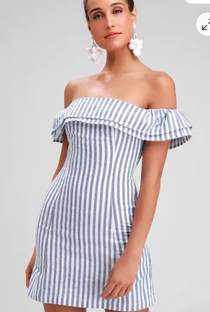Lulus Seaside Skipper Blue Striped Off-the-Shoulder Mini Dress thumbnail 1
