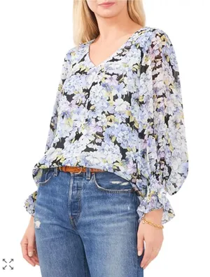 Vince Camuto Floral V-Neck Chiffon Blouse M NWOT Blue Purple Print‎ Whimsical thumbnail 1