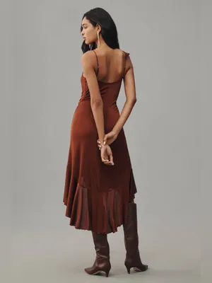 Anthropologie One-Shoulder Ruffled High-Low Midi Dress in Brown thumbnail 3