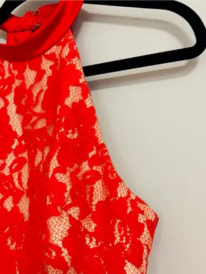 ABS Allen Schwartz Red Floral Lace Halter Dress Sheath Cocktail Wedding Guest 4 thumbnail 10