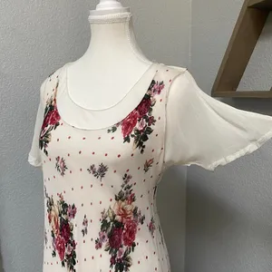 Nostalgia Cream Floral Maxi Dress Layered Short Sleeve Polka Dot 100% Rayon thumbnail 3