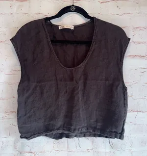 Zara Dark Gray Scoop Neck Linen Crop Tank top XS loose fit raw hem thumbnail 1