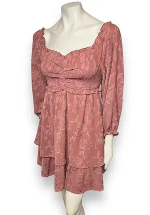 Pink Lily | Textured Floral Long Sleeve Cinched Bust Smocked Mini Tiered Dress L thumbnail 14