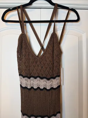 Torn by Ronny Kobo Brown Crochet‎ Maxi Dress with Cream Panels M NWT thumbnail 3
