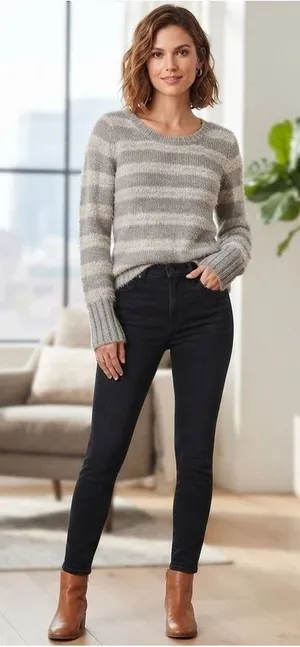 FANG Grey White Striped Fuzzy‎ Knit Crew Neck Sweater Womens Medium Pullover thumbnail 1