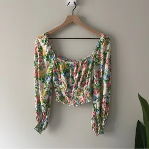 AFRM Revolve Sophie Smocked Top Floral Long Sleeve Square Neck Colorful Spring S thumbnail 3