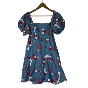 Let Me Be Anthropologie Laurel Floral Embroidered Mini Dress Blue Puff Sleeve XS thumbnail 3