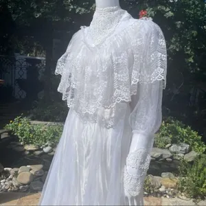 Vintage 1950s lace high neck wedding dress cottage core / boho ruffle tiered lac thumbnail 6