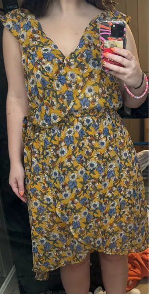 Love floral path mustard dress ruffle neck faux wrap dress 92534563 from glitzy girlz boutique NWT thumbnail 7