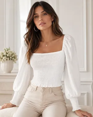 Gianni Bini White Smocked Square Neck Peasant Top thumbnail 1