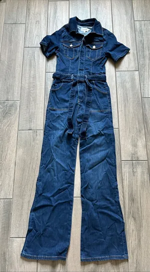 Frame Denim Dark Blue Short-Sleeve Denim Jumpsuit with Tie Waist thumbnail 1