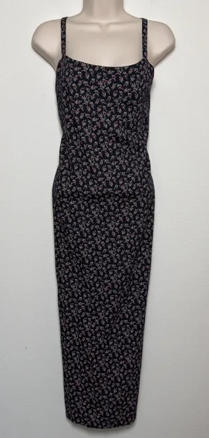 90s Handmade Women Indie Grunge Maxi Dress Small Black Ditsy Floral Square Neck thumbnail 1
