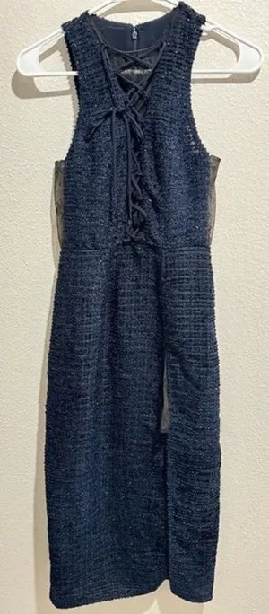 NWT Revolve brand X by NBD Metallic Navy‎ Blue Lace High Neck Dress thumbnail 1