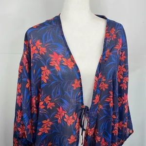 Denim & Co. Women's Beach Tie-Front Cover-Up Top Navy Blue Tropical L/XL thumbnail 4