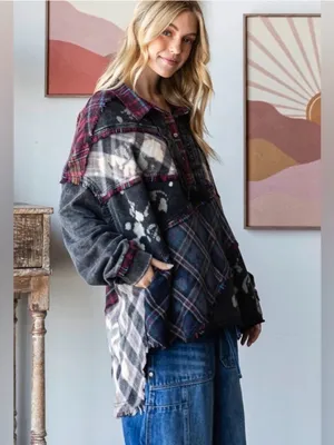 Oli & Hali Black and Burgundy Plaid Patchwork Jean Shacket thumbnail 4