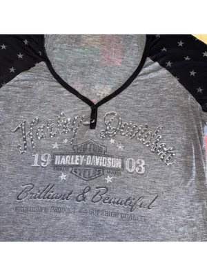Harley-Davidson Woman’s XL Rhinestone Raglan Henley Top Gray Black Star Sleeves thumbnail 2