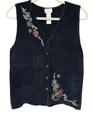 Vintage Koret Sweater Vest Floral‎ Embroidery Button Front Sz S thumbnail 1