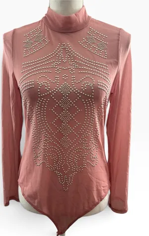 iris Dusty Rose Studded Mock Neck Mesh Long-Sleeve Bodysuit thumbnail 1