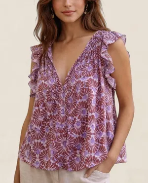 Xirena Bex Boho Romantic Feminine Ruffle Moonshell Print Top | Size L thumbnail 1