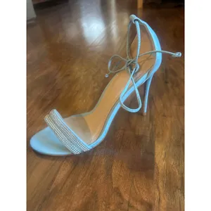 Saks Fifth Avenue Baby Blue Heel Sandals Rhinestone Formal Wedding Size 38 8 Shoes thumbnail 4