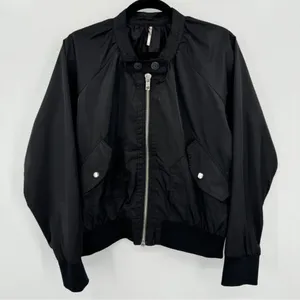 FREE PEOPLE Black Midnight Satin Full Zip Oversized Bomber Jacket L thumbnail 8
