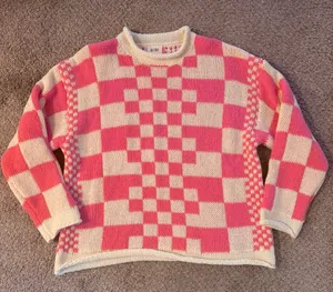 BiBi Pink and Cream Checkered Chunky Sweater Size M thumbnail 1