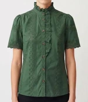 Sézane Louisah Green Organic Cotton Eyelet Ruffle Mock Neck Blouse Size 34 / 2 thumbnail 1
