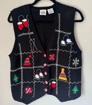 Vintage Christmas Sweater Vest With Kitsch Embroidery Size L thumbnail 1