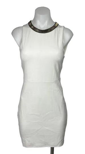 H&M White Gold Beaded Neck Formal Cocktail Bodycon Sheath Mini Dress Size S thumbnail 1