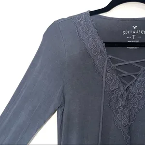 Soft & Sexy Dark Gray Crochet Lace-up Tee thumbnail 4