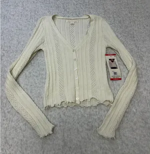 Aeropostale Womens Cropped Cardigan Pointelle. Rib Knit V-Neck Tofu White XS NEW thumbnail 1