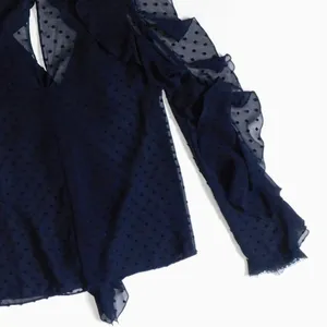 NICHOLAS Navy Blue Swiss Dot Cutout Cold Shoulder‎ Top Blouse Ruffle Size 0 thumbnail 9