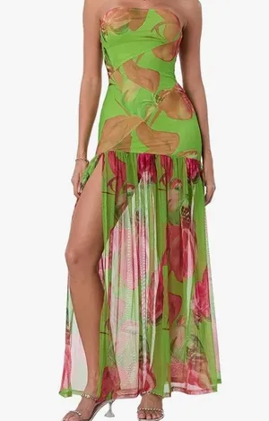 Green Floral Strapless Backless Sheer Mesh Side Slit Maxi Dress Sz S thumbnail 1