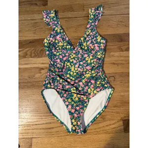 Floral Ruffle V-Neck One Piece Swimsuit‎ Teal Pink Yellow Ruched Low Back small thumbnail 6