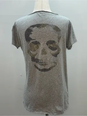 Zadig & Voltaire Gray Woman’s T-Shirt with Metallic Camo Skull Size Lg thumbnail 2