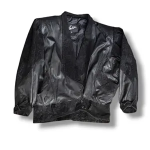 Vintage 80s Black Leather Jacket Suede Embossed Oversized Batwing Belted Moto thumbnail 14