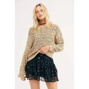 NEW Free People Bittersweet Brown Off Shoulder Crochet Sweater Open Knit - Large thumbnail 6