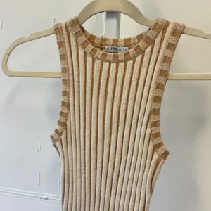 Ghanda Boutique Ribbed Knit Mini Dress Tan Cream Striped Bodycon Sleeveless Sm thumbnail 3