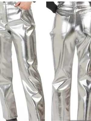 7 For All Mankind Silver Metallic Coated Straight‎ Leg Pants Size Medium NWT thumbnail 5
