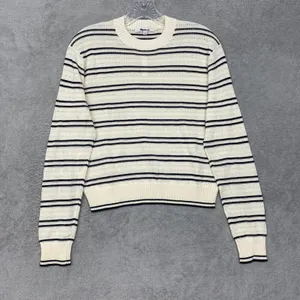 Madewell Sweater Small Striped Textured Stitch Cotton Crewneck Ivory Black NZ323 thumbnail 2