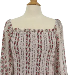 Aura‎ Floral Smocked Mini Dress Large Cream Red Square Neck Boho Cottagecore thumbnail 3
