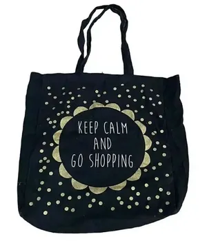 Keep Calm And Go Shopping Graphic Cotton Black Gold Tote Bag One SZ #1115 thumbnail 1