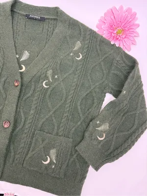 Disturbia Dianne Embroidered Cable Knit Cardigan Moon Star Fern Olive Green Knit thumbnail 10