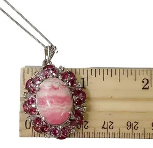 Sterling Silver 925 Oval Rhodochrosite + Rhodolite Pendant Necklace 20" Chain thumbnail 9