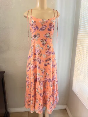 Lulus women’s Started With a Kiss Orange Floral Print Tie-Strap Tiered Dress L thumbnail 3