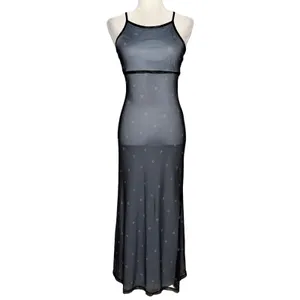 Vtg 90s Mesh Overlay Column Maxi Empire Waist Dress 7/8 Fairy Grunge Whimsigoth thumbnail 6