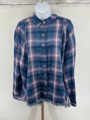Free People Seeking Starlight Plaid Shirt Blouse Size M Boho Pink Blue Casual thumbnail 1