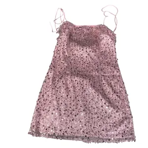 Edikted Pink Sequin Mini Dress‎ Open Back Lace Up Ruffle Trim Womens M NEW thumbnail 2
